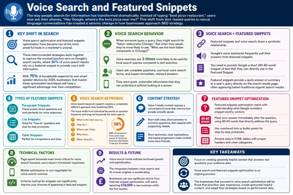 Voice search behavior and optimization techniques infographic