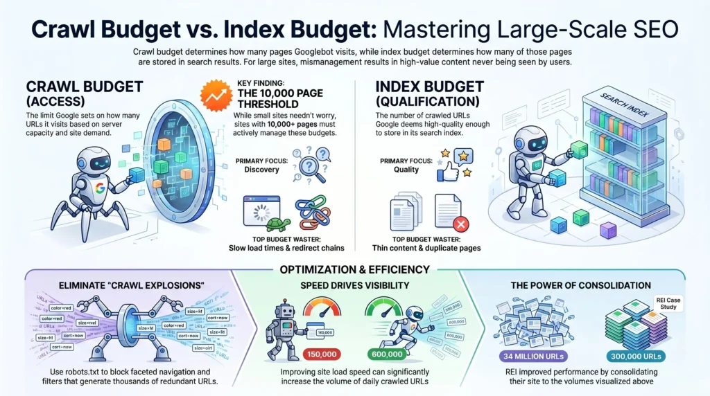 Infographic comparing crawl budget and index budget for SEO management