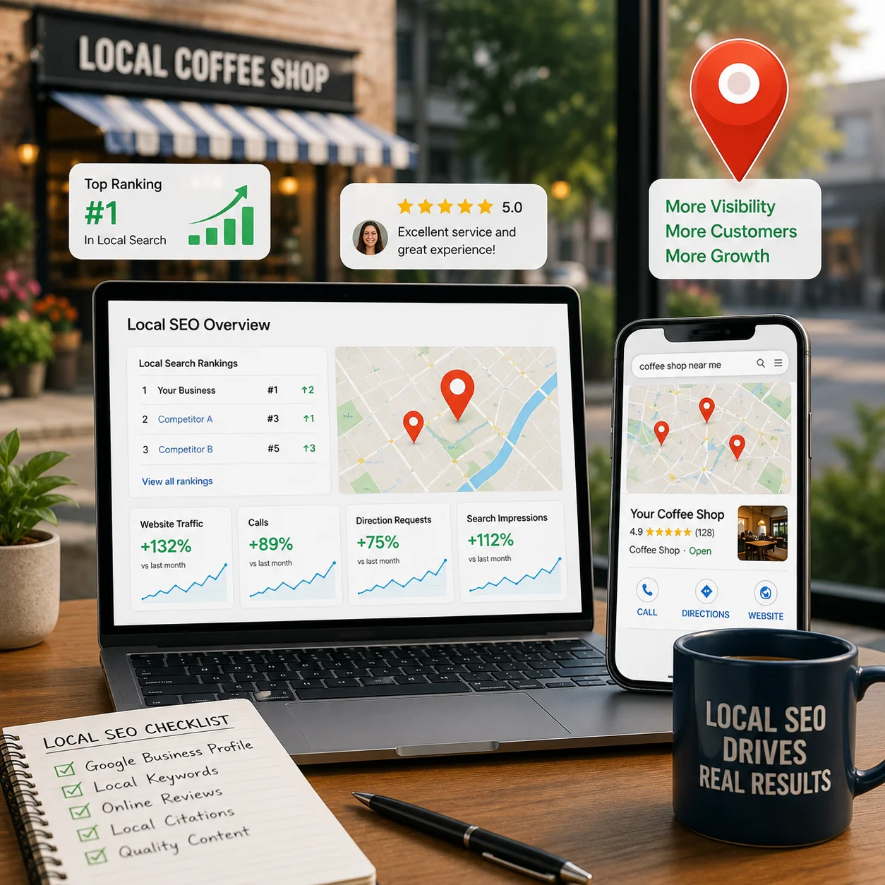 Overview of local SEO performance for a coffee shop with rankings and customer reviews