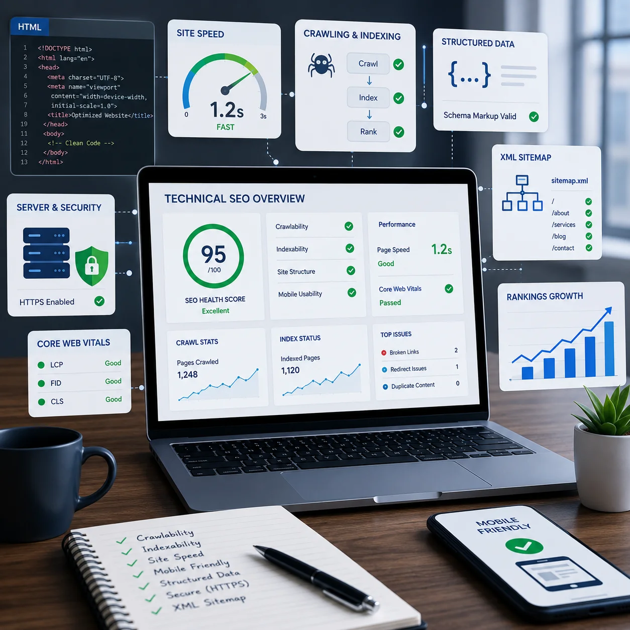 A detailed technical SEO overview dashboard displaying site speed, crawling, indexing, and performance metrics